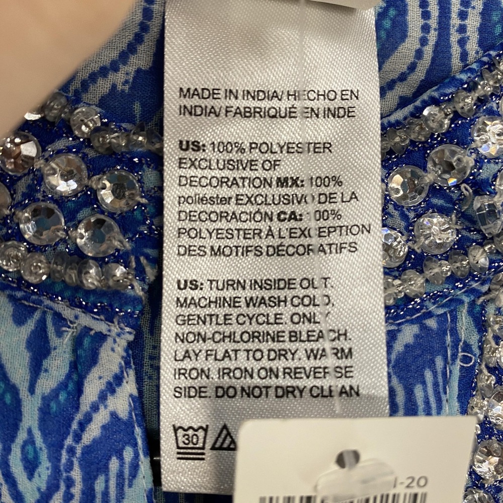 Chicos Beaded Tunic Top Womens 1/M Blue Geometric Sheer Embellished 3/4 Sleeve - Picture 7 of 16